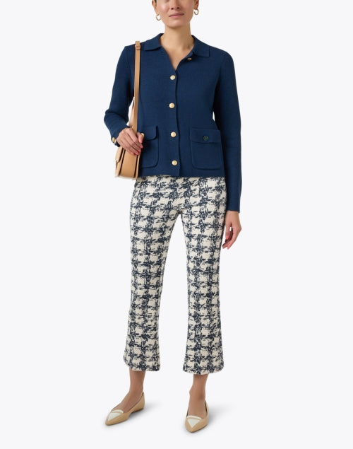 Stylish Leo White and Navy Stretch Boucle Cropped Flare Pull - on Pants