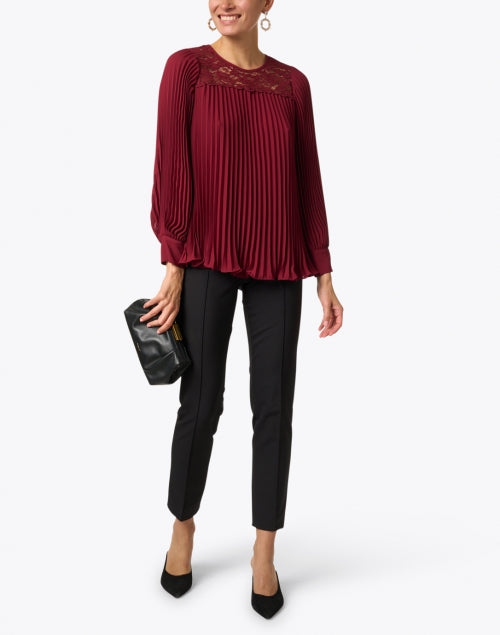 Stylish Bordeaux Long - Sleeved Pleated Lace Blouse
