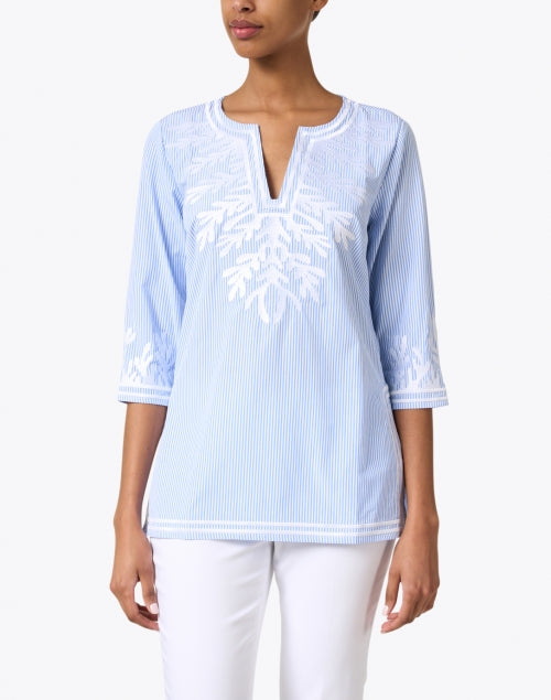 Blue Striped Embroidered Cotton Poplin Casual Tunic Blouse by Gretchen Scott
