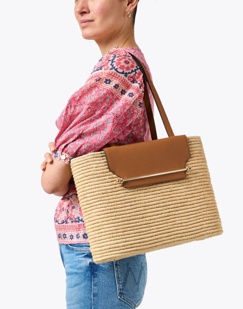 The Medium Tan Leather and Raffia Strathberry Basket Tote Bag