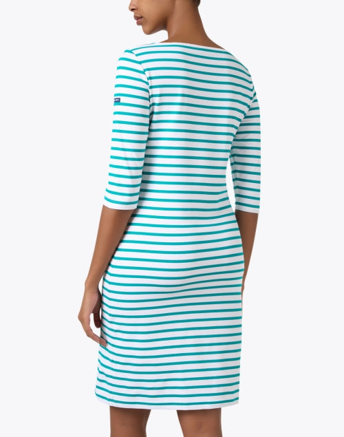 Stylish Saint James Green and White Horizontally Striped Stretch Dress