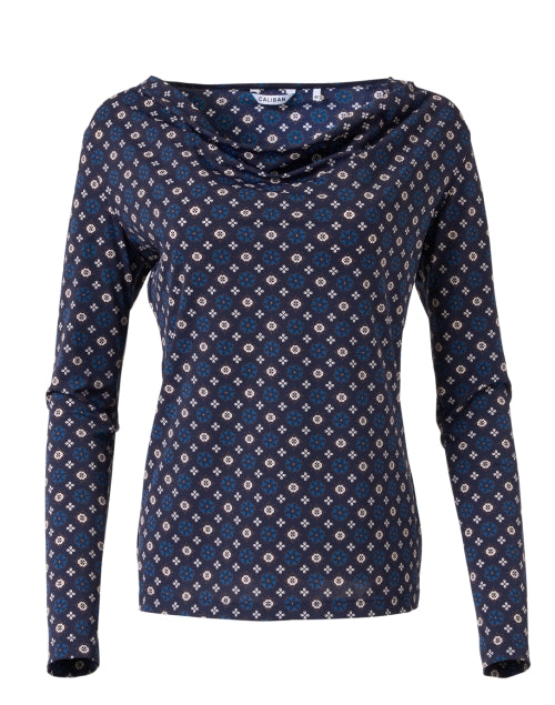 Navy Stretch Jersey Long Sleeve Cowl Neck Printed Top