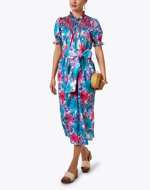 Elena Blue Floral Printed Cotton Dress with Self - Tie Waist