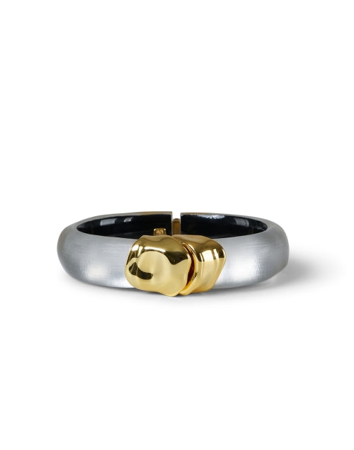 Stylish Grey Handcrafted Lucite Hinge Bracelet with Molten Gold Closure