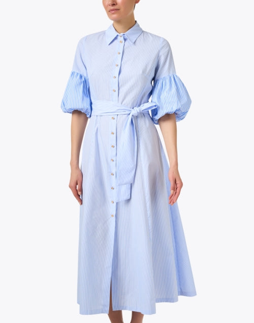 Elegant Blue and White Striped Women's Shirt Midi Dress