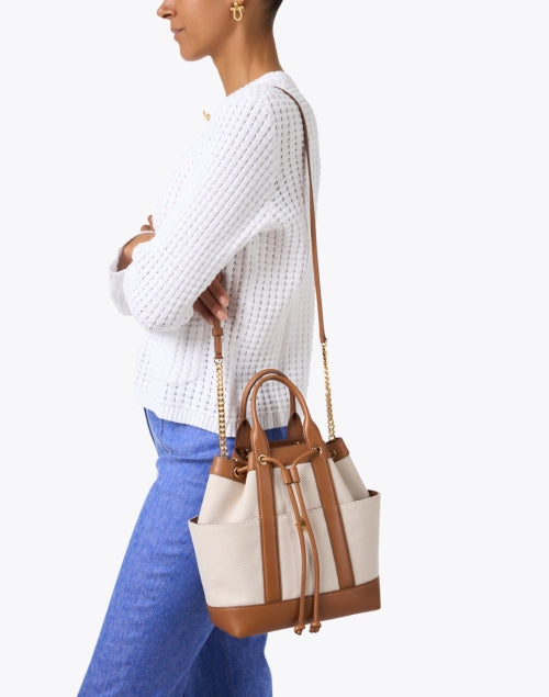 Stylish Tan Mixed Canvas and Leather Goody Bag for Modern Women