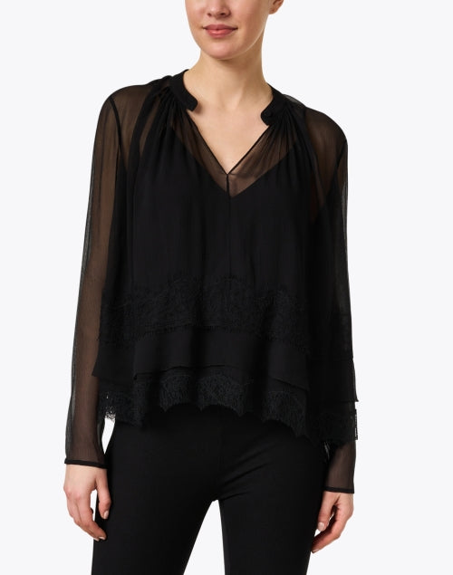 Elegant Black Silk Chiffon Blouse with Intricate Lace Trim