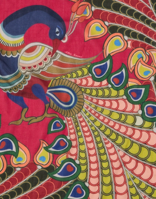 Soft Pink Peacock Patterned Wool Scarf with Eyelash Fringe