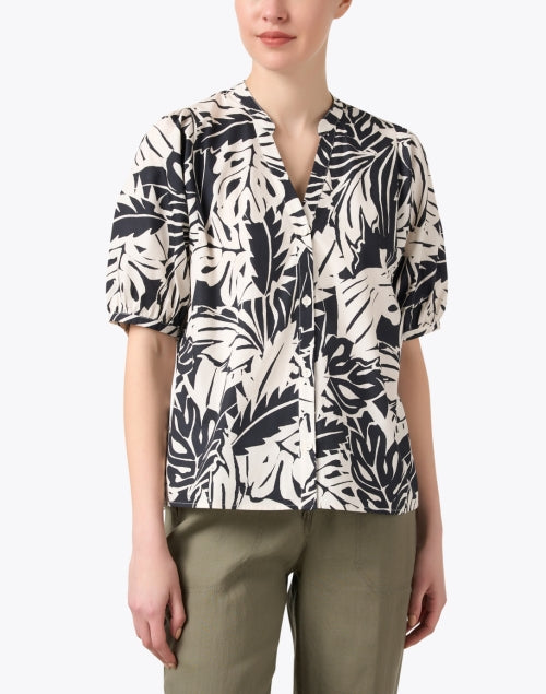 Stylish Asteria Black-and-White Palm Print Cotton Poplin Blouse
