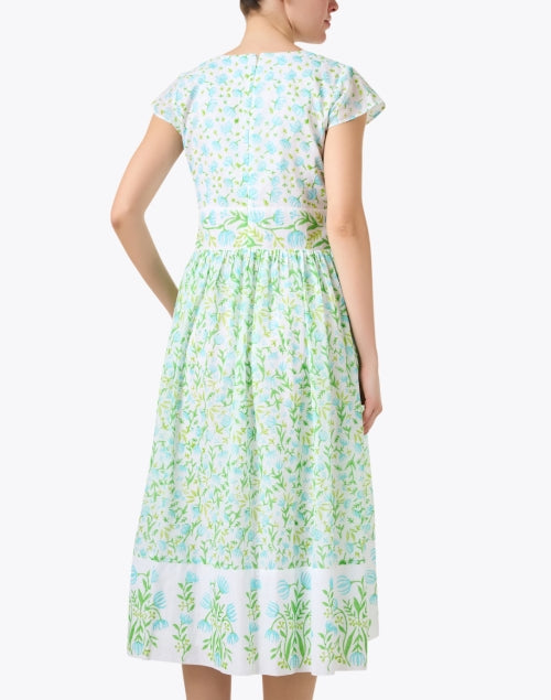 Stylish Blue and Green Floral Print 100% Cotton Midi Dress