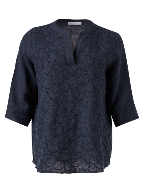Stylish Navy Floral Embroidered Featherweight Linen Blouse