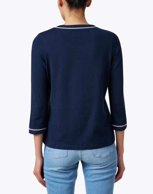 Navy and White Stitched Pima Cotton and Spandex Blend Crew Neck Women's Top