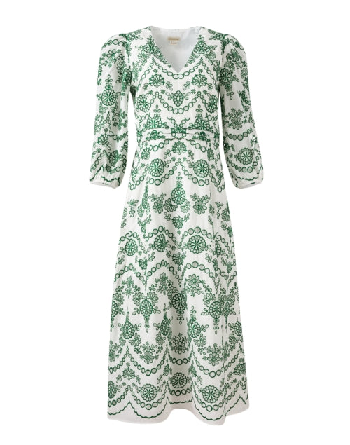 Ivory and Green Cotton Eyelet Glenda Midi Dress for All Events