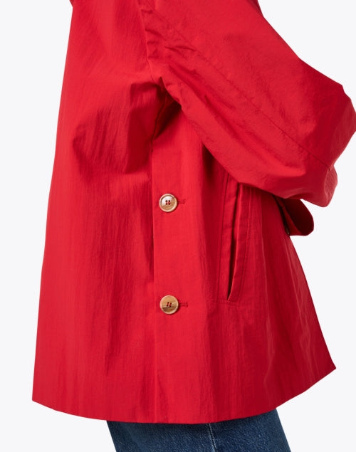 Stylish Red Hooded Jacket with Gold Button Closure