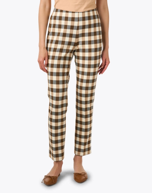 Annie Brown Stretch Plaid Straight - Leg Pull - On Pants