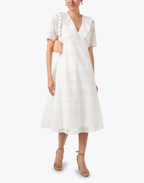 Elegant Ella White Broderie Midi Dress with Ruffle Collar