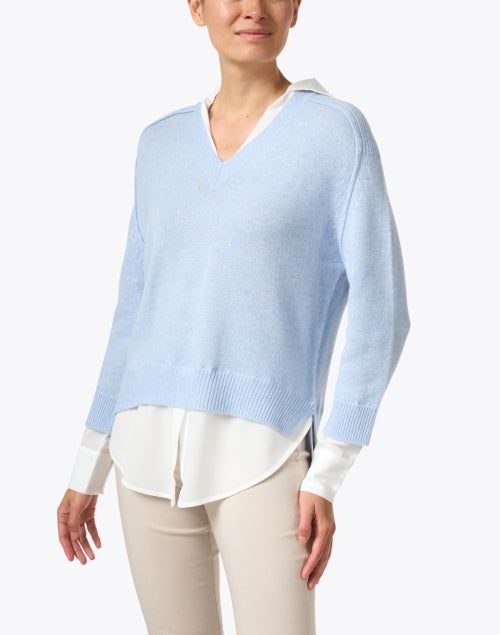 Stylish Sky - Blue Cashmere Blend Sweater with White Shirt Detailing