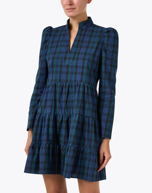 Stylish Blackwatch Plaid Cotton Tunic Dress with Balloon Sleeves