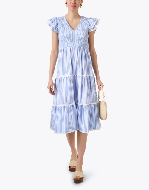 Stylish Blue and White Striped Smocked Cotton Women's Dress for Warm Weather