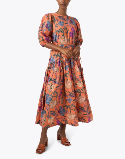 Oliphant Turin Multi - Printed Cotton Maxi Dress with Short Puff Sleeves