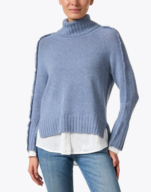 Stylish Blue Wool Cashmere Layered Turtleneck Sweater for All Seasons