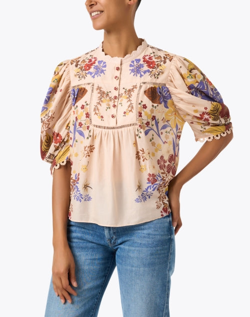 Charming Pink Floral Print Cotton Blouse with Puff Sleeves