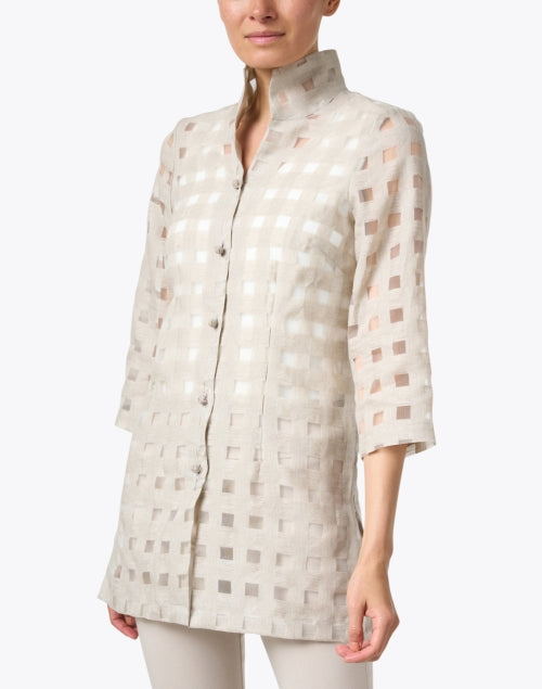 Rita Beige Sheer Plaid Women's Linen Blouse for Evening Wear