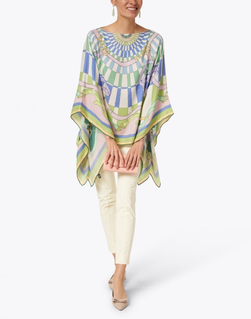 Stylish Firenze Silk Cashmere Poncho in Green and Blue Shades