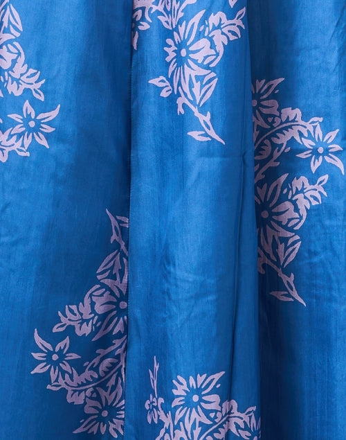 Stylish Blue Floral Patterned Silk Women's Dress