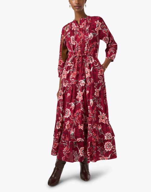 Bazaar Women's Red Printed 100% Cotton Maxi Dress for Vacation
