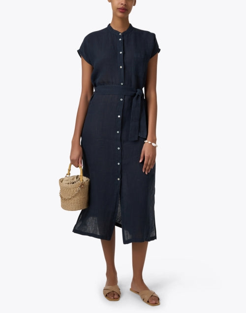 Stylish Navy Linen Midi Shirt Dress for Warm Weather