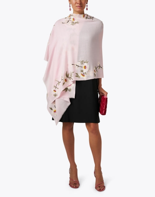Pink-colored Floral Embroidered Luxury Merino Wool Fashion Scarf