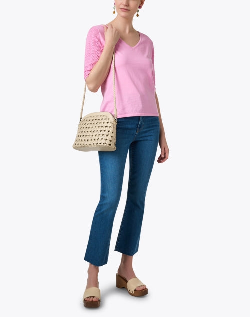 Caroline's Pink Delicate Pointelle Sleeve V-Neck Sweater