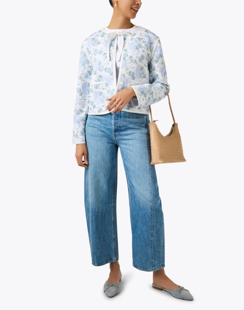 Stylish Iris Blue Floral Embroidered Tie - Neck Jacket