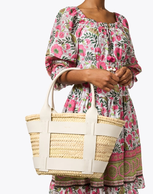 Stylish Santorini White Leather and Raffia Handwoven Top-Handled Tote Bag