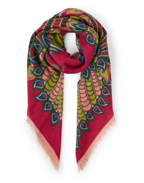 Soft Pink Peacock Patterned Wool Scarf with Eyelash Fringe
