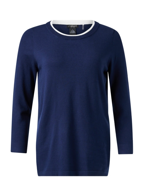 Stylish Navy and White Relaxed Knit Top with Button Detail
