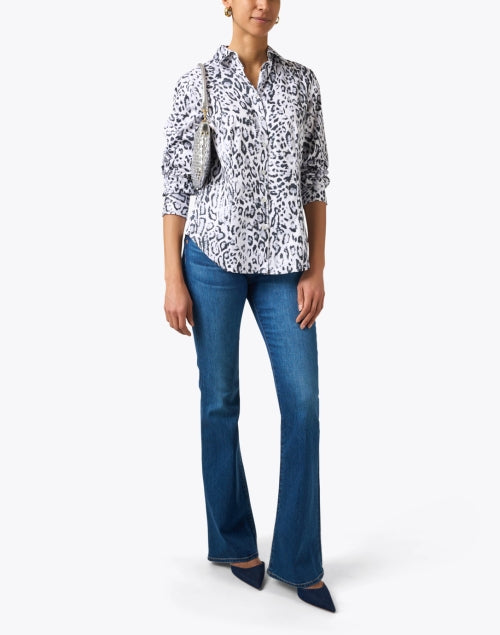 Stylish Diane Black and White Snow Leopard Print Women's Cotton Button-Front Blouse Top
