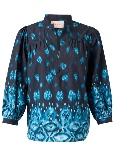 Stylish Danilia Blue Ikat Patterned Cotton Blouse with 3/4 Sleeves