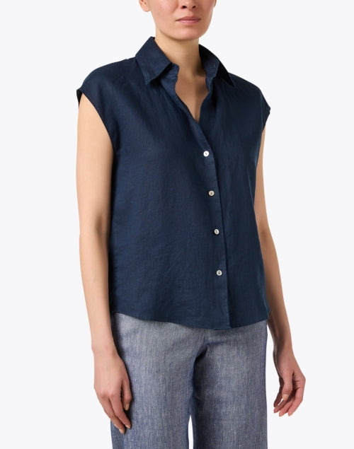 Stylish Navy 100% Linen Blouse with Cap Sleeves
