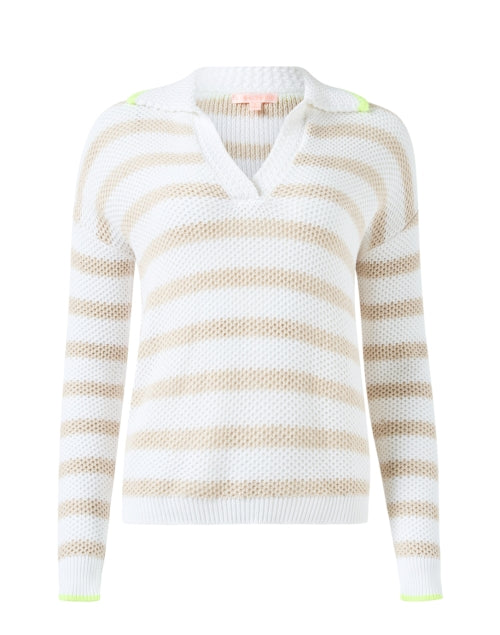 Beige and White Horizontal Striped Women's Cotton Knit Sweater for Casual Wear