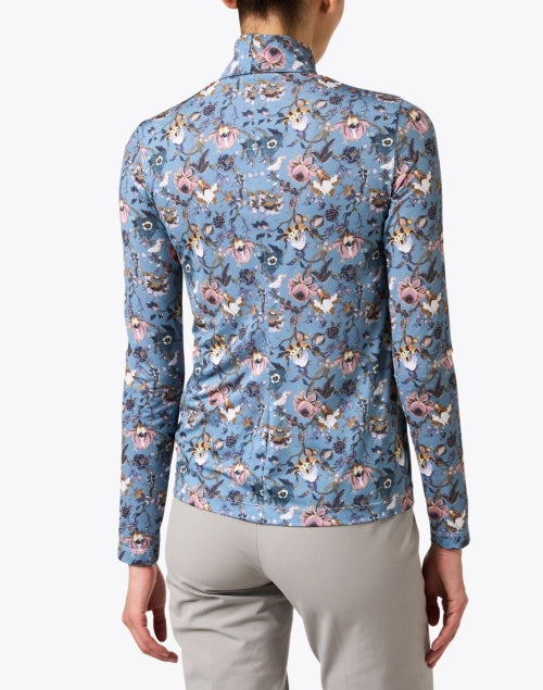 New Season Blue Silk Blend Floral Print Relaxed Turtleneck Top
