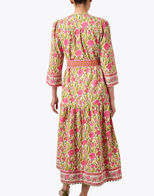 Stylish Hippie-inspired Pink and Green Floral Women's Midi Dress