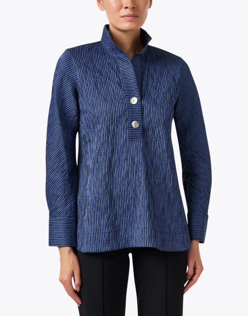 Stylish Blue and Black Striped Knit Stretch Cotton Blend Shirt Top