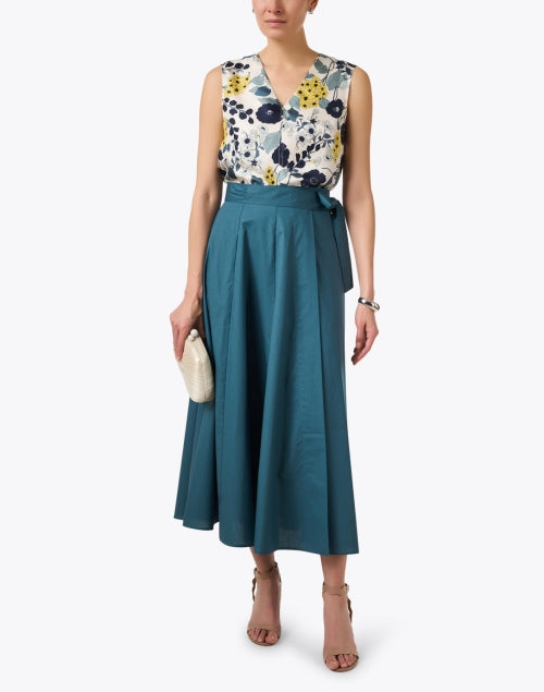 Elegant Lightweight Blue Silk Top with Floral Block Print