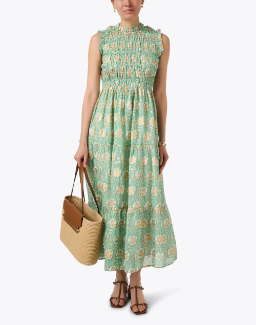 Exquisite Mughal-Style Green and Gold Floral Print Smocked Maxi Dress for Women