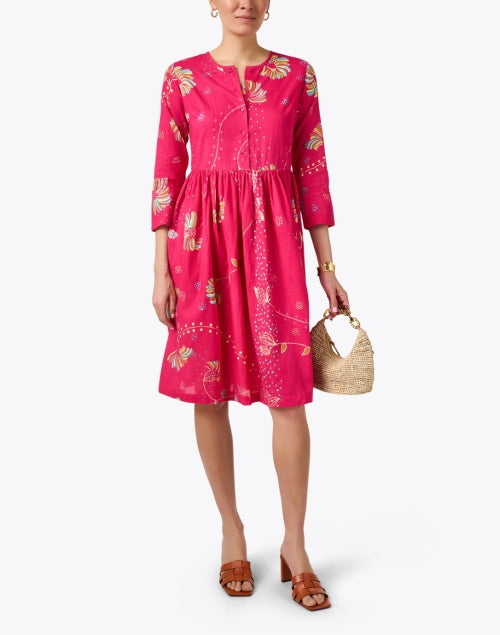 Stylish Fuchsia Print Mini Cotton Dress with Gathered Waist