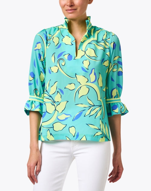 Fashionable Turquoise Floral-Printed Ruffled Women's Tunic for a Feminine Look