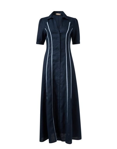 Stylish Light Blue Piped 100% Linen Maxi A-Line Navy Shirt Dress