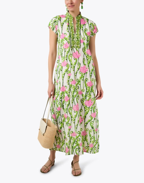Stylish Pink and Green Printed Kaftan-Style Women's Dress